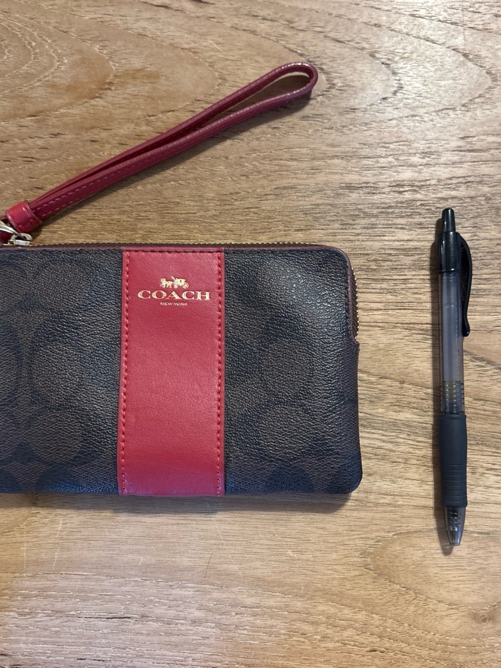 Coach Brown Signature Wristlet with Red Center Stripe - Picture 2 of 4